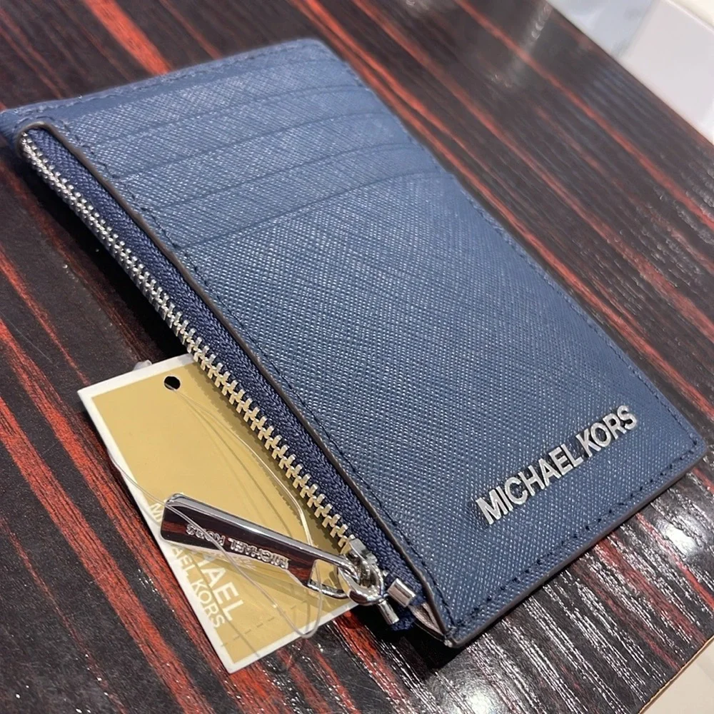 Michael Kors Jet Set Travel Medium Leather Card Case Navy Silver NWT